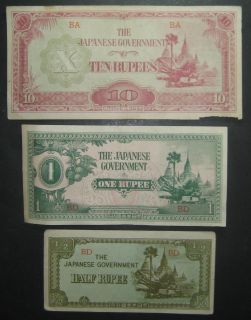 One lot of 3 Japanese Government Occupation paper notes! Rupees! SKU 