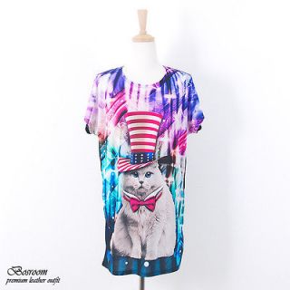Womens graphic top animal cat print t shirt short sleeve loose dress 