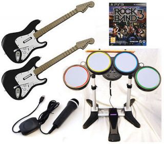 NEW PS3 ROCK BAND 3 Game Set w/2 WIRELESS GUITARS Drums Mic 