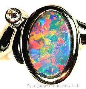 harlequin black opal diamond 14K gold ring Australia birthstone opala 