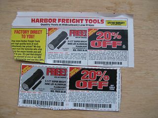 Two Harbor Freight Tools coupons for 20% off & free flashlight