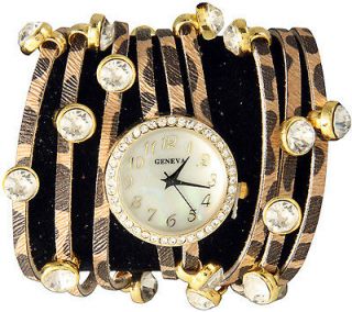 Spaghetti Strand Designer Inspired Geneva Wrap Watch Cheetah Print