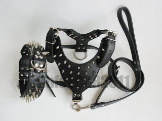   Spiked&Studded Leather Dog Collar Harness Lead set for Pitbull Mastiff