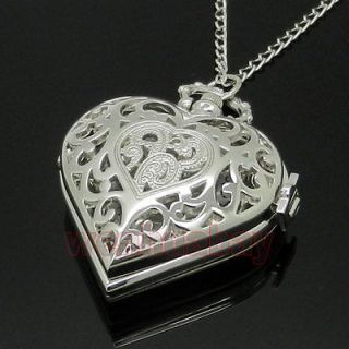 Silver Color Heart Shape Pocket Watch Necklace Pendant Chain Girls 