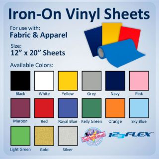IRON ON Heat Transfer Vinyl For Fabric 12 x 20 Sheet for ALL 