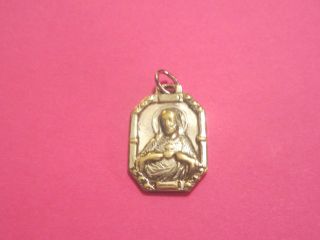 ANTIQUE RELIGIOUS OLD SILVER ROSARY MEDAL SACRED HEART JESUS ART DECO