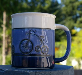   Mug Bicycle Bike Cup Blue Pottery Made in Japan Three 3 Wheeled Wheel