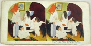 The Pillow Fight at Bed 1890 1900 Stereoscope Card # 20