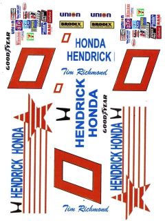 TIM RICHMOND #0 Hendrick Honda 1/32nd Scale Waterslide Decals