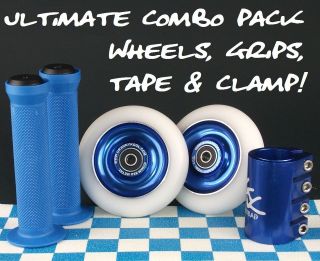 Blue White Metal Core Scooter Wheels + Blue Grips + Check Tape + Quad 