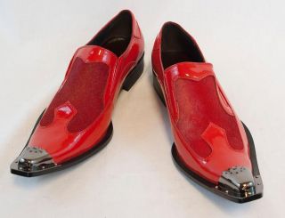 New Fiesso Red Mens Dress Shoes Slip on Patent leather Metal Toe 