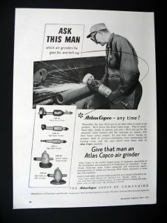 Atlas Copco Air Grinder Tool worker grinding 1956 print Ad 