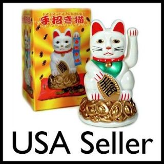 WHITE BECKONING CAT 4 Lucky Wealth Waving Kitty Maneki Neko Feng Shui 