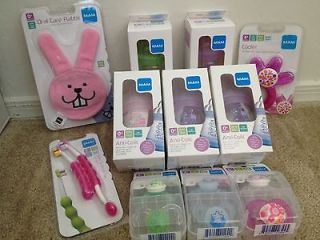 NEW 5 MAM BABY BOTTLES, 6 PACIFIERS, 2 TOOTHBRUSHES, 1 TEETHER + MORE