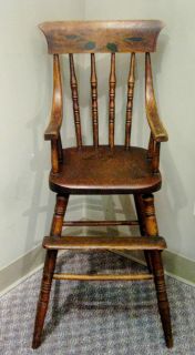 Antique 19 Century Wood High Chair with Original Tole Painting on Top 