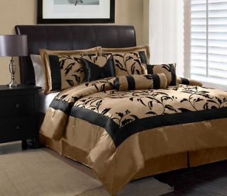 11 Piece Queen Amelia Black and Tan Flocked Bed in a Bag Set