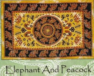 ELEPHANT AND PEACOCK Tapestry / Hippie Bedspread 55 x 85 NEW