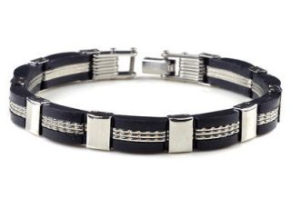 NEW Silver men Stainless steel Chain Bracelet black Rubber bangle link 
