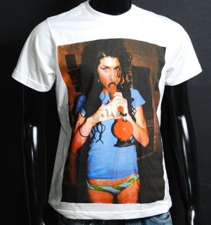 Amy Winehouse smoke last shot crew neck rock white Cotton t shirt size 