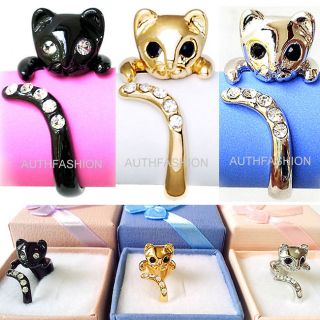   Cat Swarovski Crystals Free Size Ring Free Gift Box Black/Silver/Gold