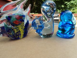 Lot Glass paperweights L Ward bird Cobalt blue multi colored fish 