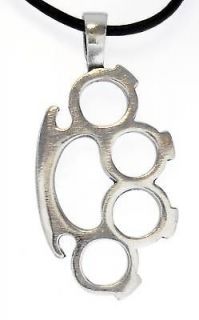 BRASS KNUCKLES Silver Pewter Pendant Leather Necklace