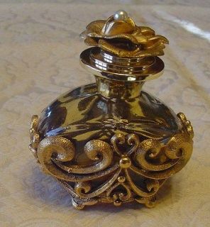 Vtg Ornate Filigree Gold Metal & Glass Perfume Bottle Rose w/Pearl Lid 