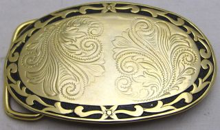 Vintage Oval Belt Buckle w/ Swirl Design & Black Edge Made in USA Gold 