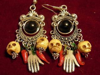 Day of the DEAD Jade Skulls FRIDA KAHLO Hands Earrings