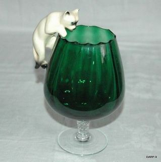 VINTAGE OVERSIZED 16cm BALLOON GREEN BRANDY GLASS with CERAMIC SIAMESE 