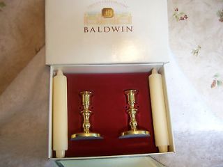 BALDWIN Solid Brass Candle Holder Set w/ Column Candles, NEW in Box