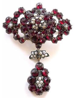 Vintage Victorian Garnet Pearl Flower Floral Brooch Pin Red Gemstone 