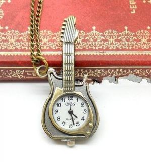   Bronze Vintage guitar Music Quartz Retro Pocket Necklace Watch F091