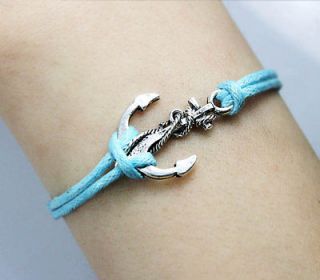 bracelets Retro silver anchor December light blue rope bracelets