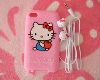   KITTY Earphones +Hello Kitty Silicone Case Cover for IPOD Touch 4 4G
