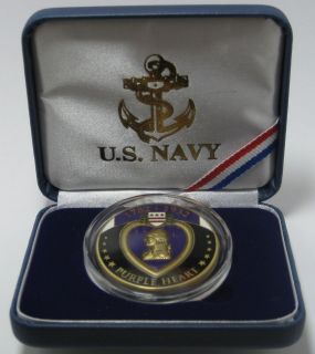 UNITED STATES NAVY PURPLE HEART MEDAL 1 3/4 COIN WITH LEATHERETTE 