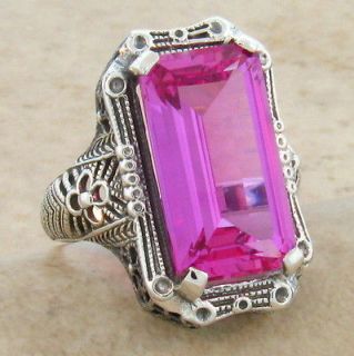 CT. PINK SAPPHIRE ANTIQUE DESIGN .925 SILVER FILIGREE RING SIZE 7 