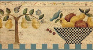   Country Vintage Fruit Bowl Kitchen Pear Wall paper Border Carol Endres