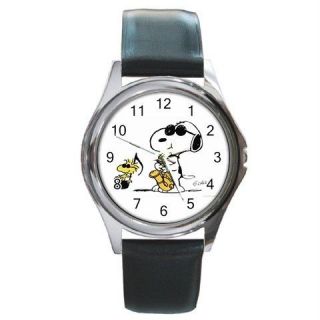 Snoopy Saxophone Silver Tone Leather Band Quartz Watch