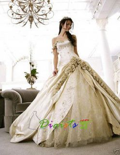 Champagne Satin Bridal Wedding Dress with train Lace up 0046 Size 4 6 