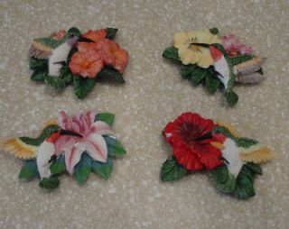 HUMMINGBIRD MAGNETS  SET OF FOUR   WITH HIBISCUS FLOWERS
