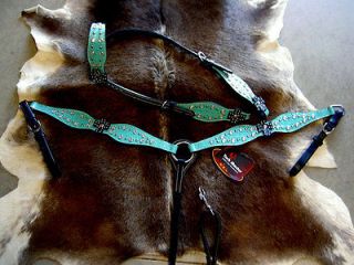 HORSE BRIDLE BREAST COLLAR WESTERN LEATHER HEADSTALL TURQUOISE BARREL 