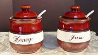 Vintage Set Jam & Honey Jars w Lids Spoons Original Stickers Made in 