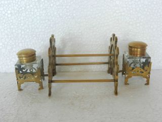 Old Decorative Brass Ink Pot & Pen Stand With 2 Cut Glass Ink Bottle