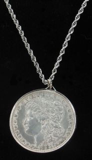 ANTIQUE 1881 O SILVER US DOLLAR + STERLING 30 NECKLACE PENDANT 