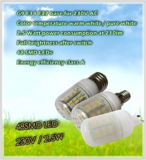 G9/E14/E27 48 SMD LED Spot light Lamp Bulb 2.5Watt Pure white/Warm 