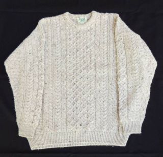   DONN Beige Oatmeal 100% Wool Traditional Irish Aran Knit Sweater Men L
