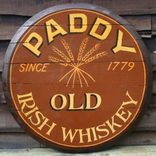 PADDY OLD IRISH WHISKEY Wooden Pub Sign   Hand Painted Oak Barrel End