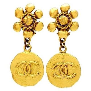 Authentic vintage Chanel earrings flower CC logo round dangle COCO # 