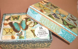   Set 8 Die Cut Teal Butterfly Embellished Note Cards in Keepsake Box